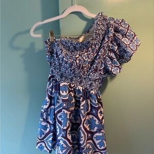 CELINA MOON one sleeve blue floral mini dress